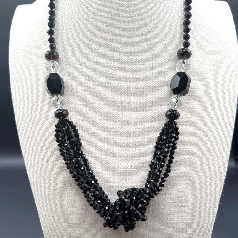 Black Faceted Bead Multi Strand Statement Necklace Knotted Gothic Cocktail Gift